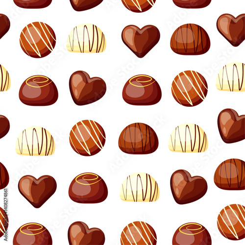Seamless pattern with delicious chocolate candies in cartoon style.Vector illustration of sweet: white, milk chocolate candies of different shapes with glaze isolated on white background.Packaging.