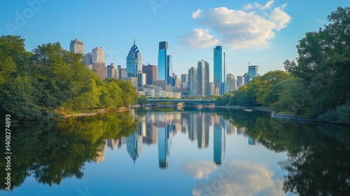 Philadelphia skyline reflected in a tranquil park pond.