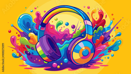 Headphone and vivid color powder. Creative music and festival concept.