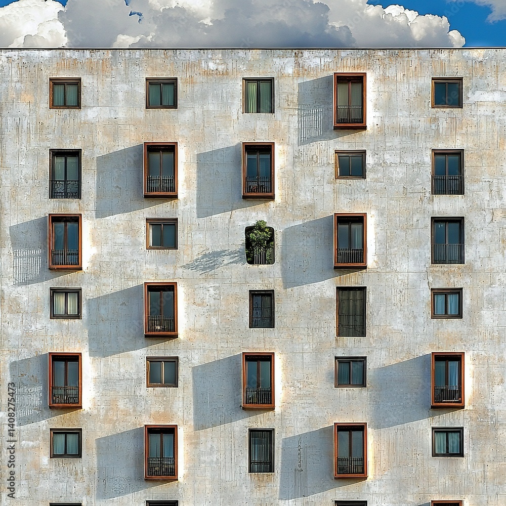 Fototapeta premium A towering building featuring numerous windows and balconies, set against a cloudy sky backdrop