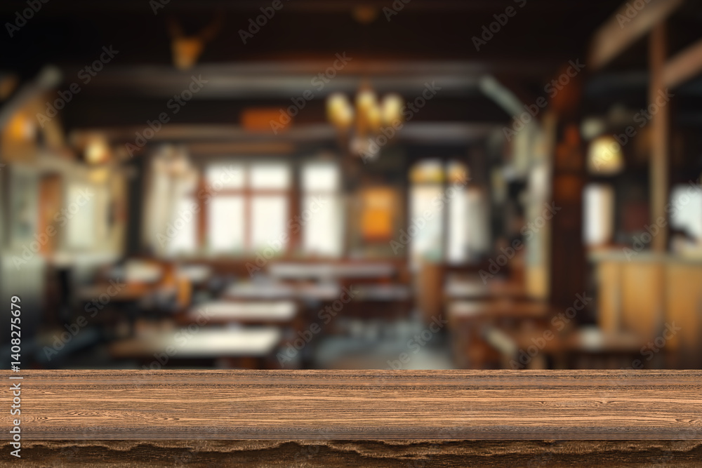 Empty wooden table top with lights bokeh on blur restaurant background. Empty wooden table top with lights bokeh on blur restaurant background.