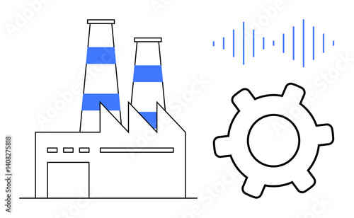 Factory building with tall chimneys, a large mechanical gear, and soundwave lines. Ideal for industry, manufacturing, production, innovation, technology process optimization automation. Flat simple