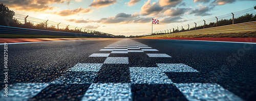 Straight stretch of road on a racetrack leading to the finish line, with the checkered flag waving in the distance, Racetrack Road, Final push to victory