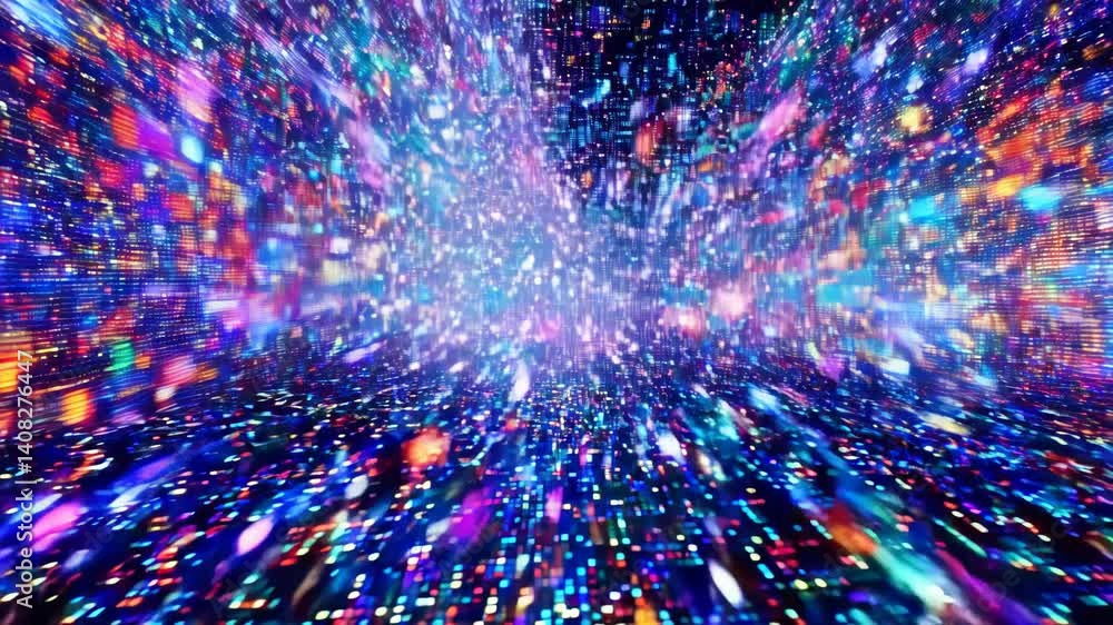 Dynamic burst of vibrant lights in futuristic digital tunnel