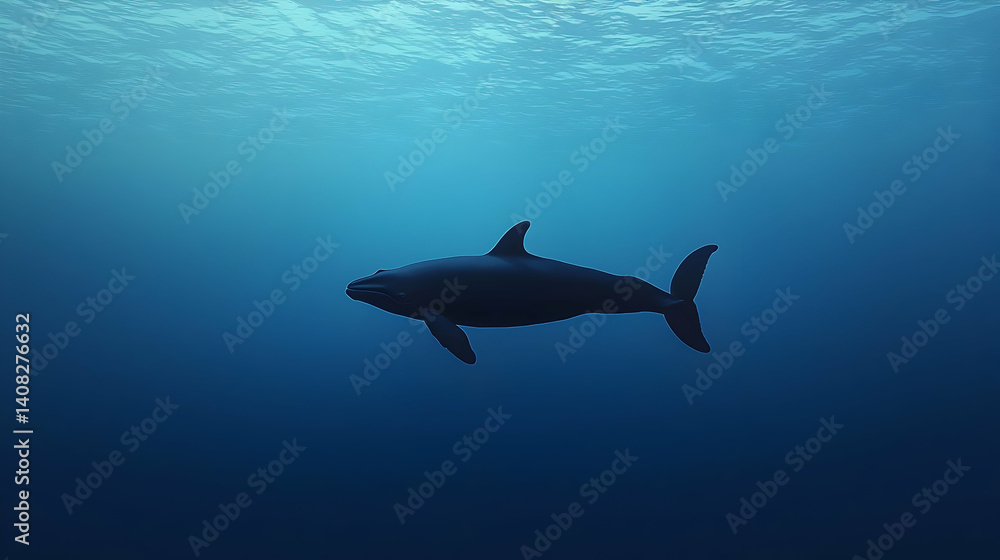 Fototapeta premium Pixelated Humpback Whale Silhouette Swimming in Deep Blue Ocean Water