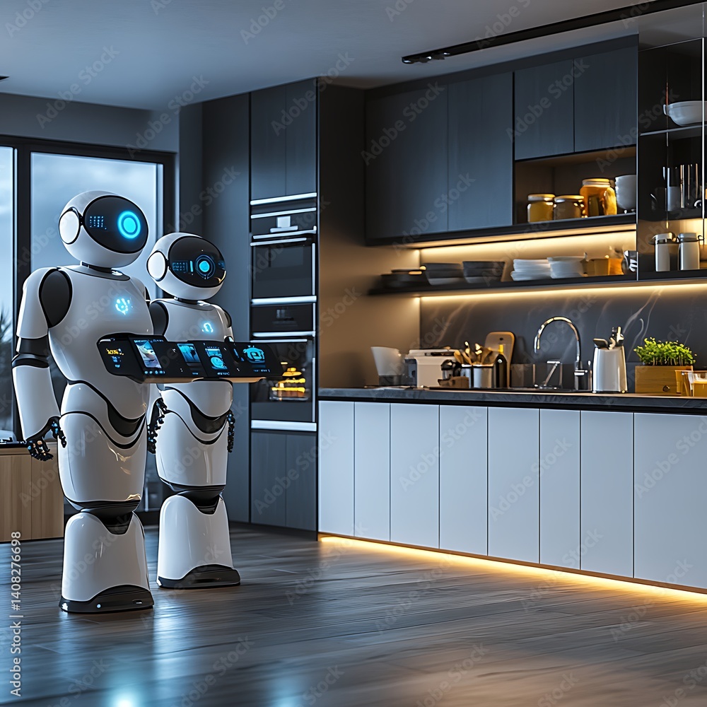 Robotic humanoid exploring digital data interface in dark futuristic lab image