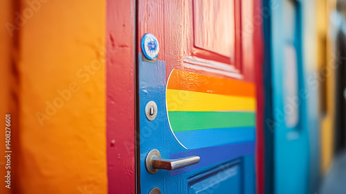 Door with a rainbow sticker on it. The door is blue and red