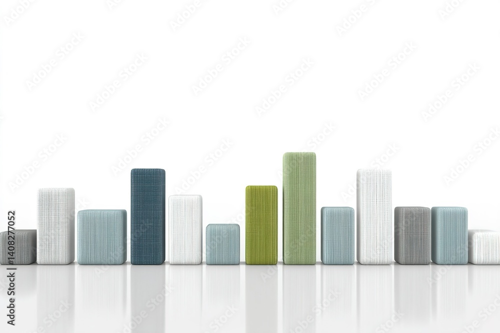 Colorful textile blocks in varying heights arranged on a reflective surface in a minimalist setting Colorful textile blocks in varying heights arranged on a reflective surface in a minimalist setting