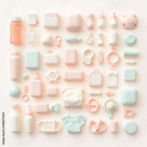 Pastel Baby Essentials Icon Set - Bottles, Clothes, Toys, and Accessories in a Soft Color Palette