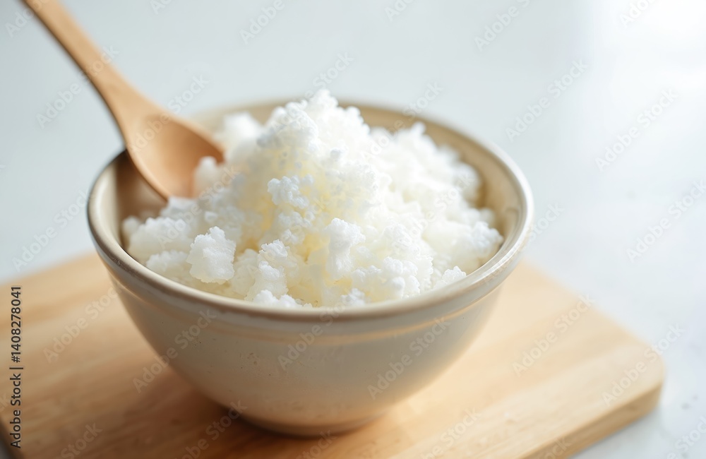 Tapioca starch in bowl on wooden board. White tapioca flour granules, spoon. Gluten free food, healthy eating concept. Ingredient cooking, baking, culinary, diet, breakfast, nutrition. Tapioca starch in bowl on wooden board. White tapioca flour granules, spoon. Gluten free food, healthy eating concept. Ingredient cooking, baking, culinary, diet, breakfast, nutrition.