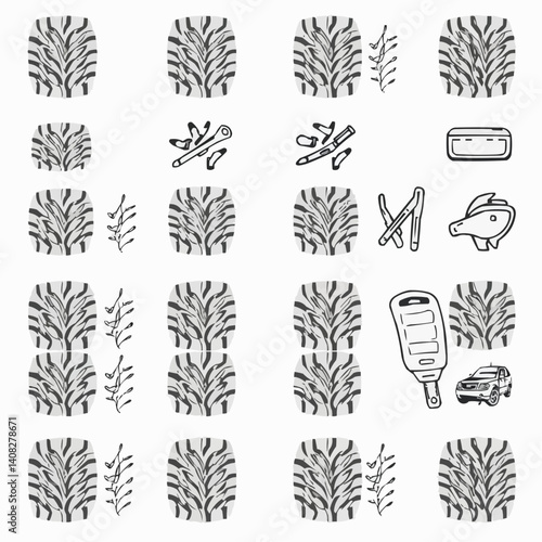 Nature and Survival Symbol Grid - Black and White Minimalist Vector Patterns and Objects