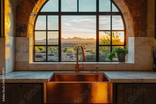 Copper farmhouse sink with stunning desert sunset view from an arched window.