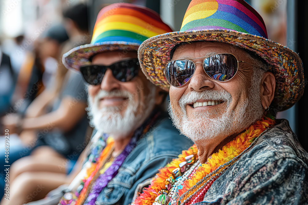 Fototapeta premium Two men wearing rainbow hats and sunglasses are smiling for the camera. They are wearing colorful clothing and accessories, including a flower lei and a necklace