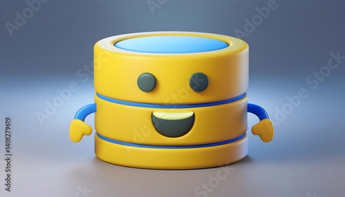 Cute 3D Rendered Database Icon with Happy Face and Arms, Illustrating Data Management, Technology, and Cloud Computing with a Friendly Character Design