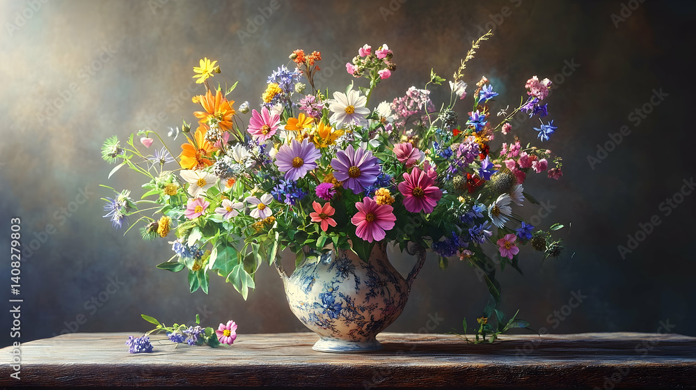 Vibrant bouquet of wildflowers in a decorative vase. Vibrant bouquet of wildflowers in a decorative vase.
