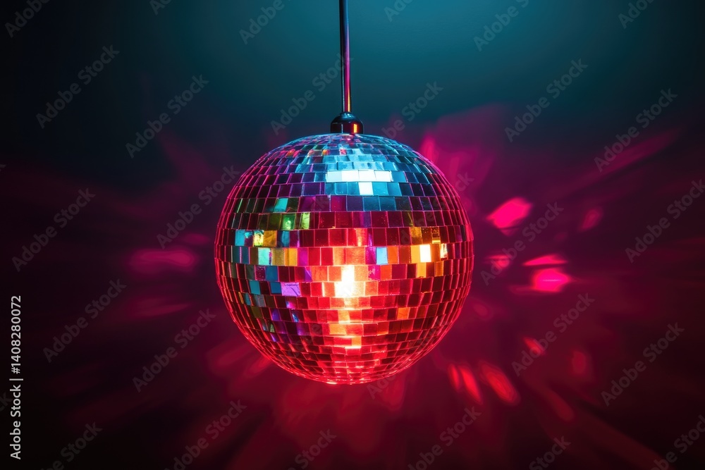 Obraz premium Disco ball hanging in dark room with vibrant pink and teal lighting, reflecting light beams.
