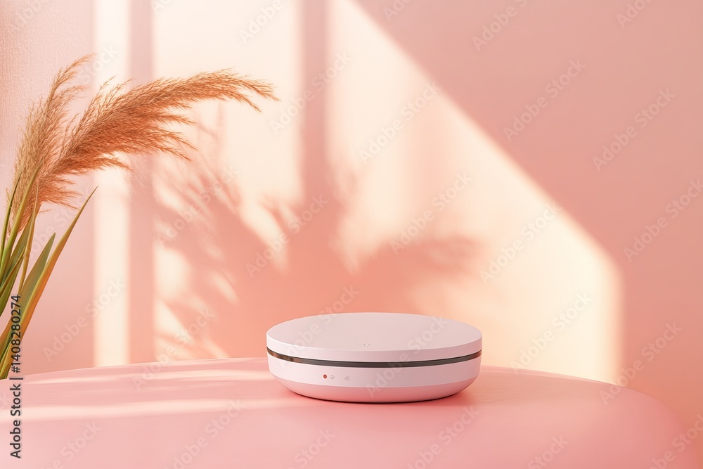 Fototapeta premium Product display on pink table with pampas grass and light casting shadows against the pink wall background