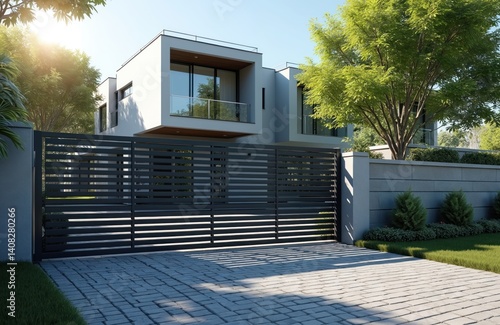 Modern home entrance with automated sliding metal gate. Grey gate at house. Driveway paved with stone. House with contemporary design style. Security and privacy in suburban setting. photo