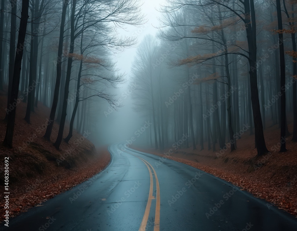 Fototapeta premium Winding road through misty forest in autumn. Rainy asphalt path, trees, fallen leaves. Foggy landscape in fall season. Travel, journey, driving, nature, background. Scenic route, road trip concept.