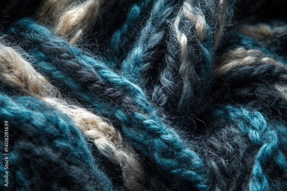 Fototapeta premium Close-up of teal, gray, and beige yarn, showcasing texture and color variations.