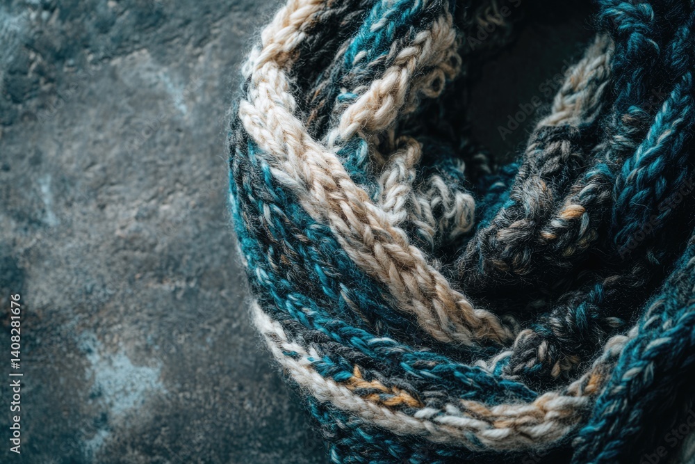 Fototapeta premium Close-up of a cozy, hand-knitted scarf in teal, beige, and gray tones.