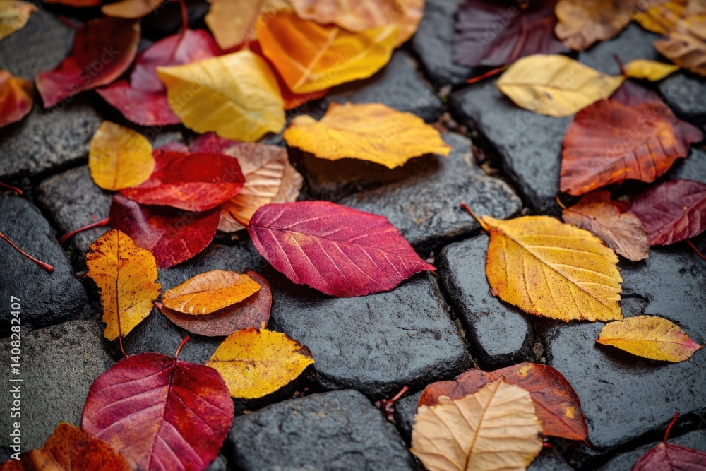 Vibrant autumn leaves scattered on dark stone pavement, showcasing rich reds, oranges, and yellows. Vibrant autumn leaves scattered on dark stone pavement, showcasing rich reds, oranges, and yellows.