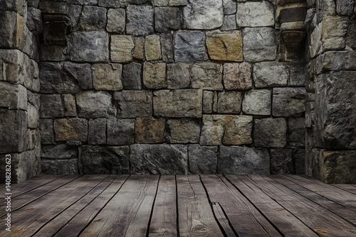 Dark, rustic room with a stone wall and wooden floor; perfect for moody backgrounds.