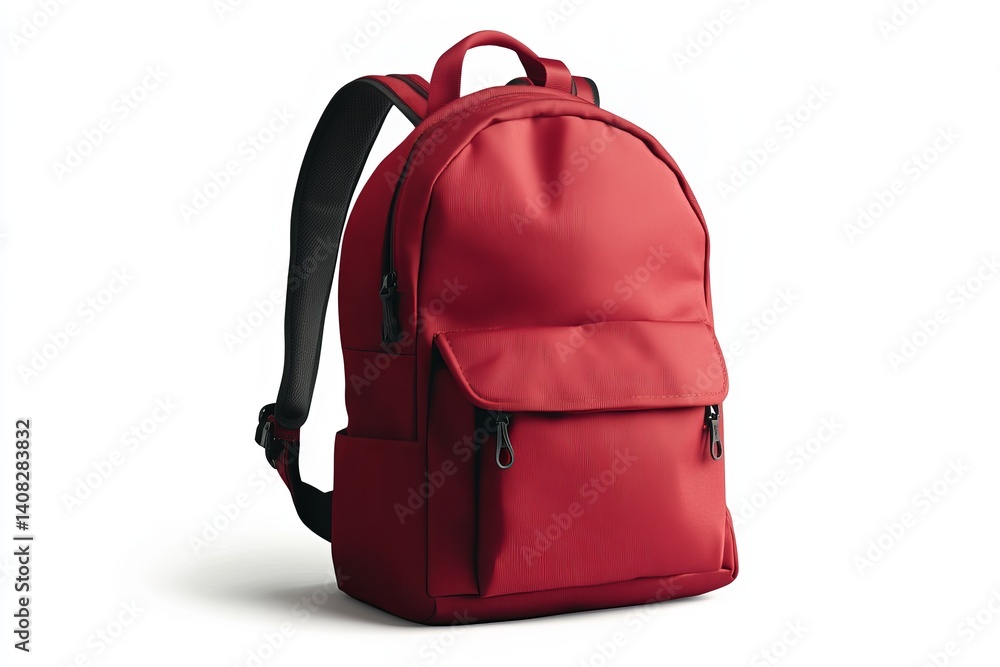 Isolated close up studio shot of a red backpack with black straps on a white background view from the front Isolated close up studio shot of a red backpack with black straps on a white background view from the front