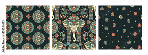 Indian Elephant Vintage Pattern Ethnic Motif Seamless Mandala Traditional BG Set Vector Boho Bohemian Collection
