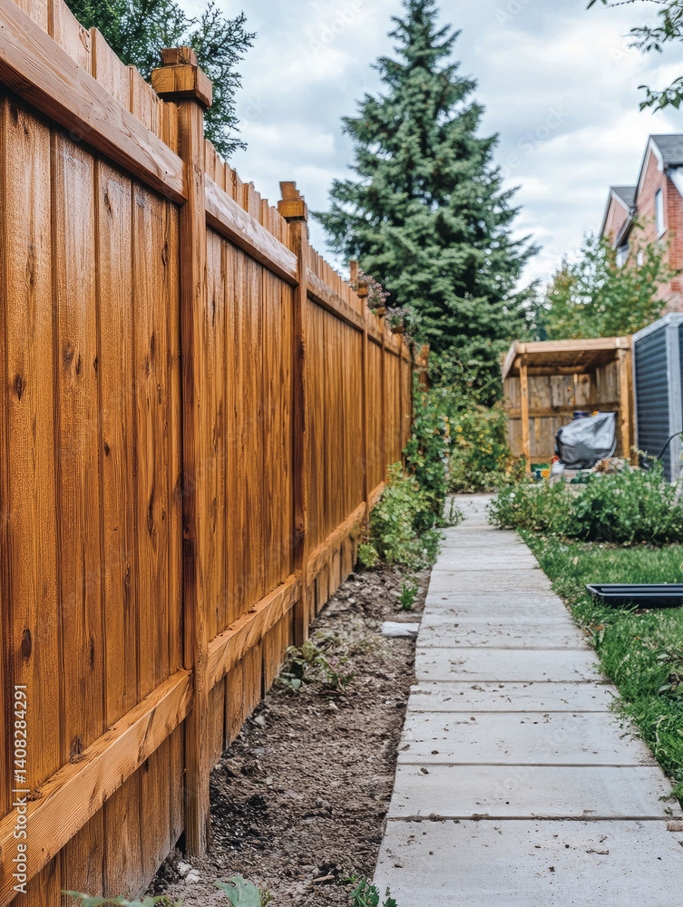 Wooden fence along a garden pathway in a residential backyard. Wooden fence along a garden pathway in a residential backyard.