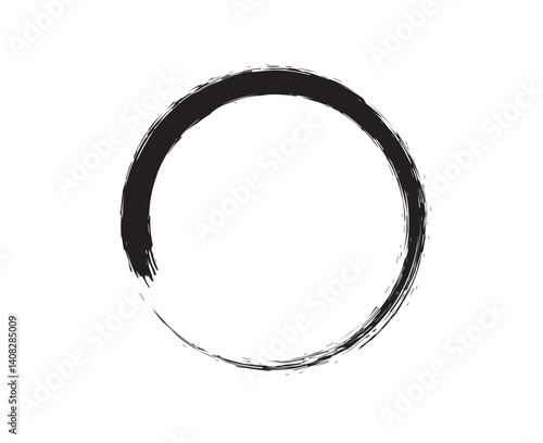 Black Ink Brush Circle, Minimal Zen Round Frame Design Element, Grunge circle made of black ink on the white background.