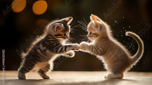 Two kittens batting at each other’s tails, their playful tussle full of energy and fun.