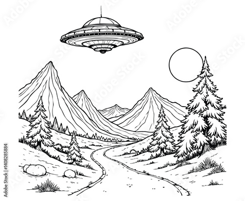 UFO Over Alien Landscape  Sci-Fi Coloring Page Line Art