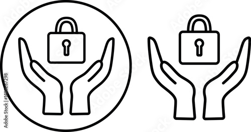 Hands holding the vector lock icon for safety. Security is characterized by an icon. The contour being edited. The best flat vector icon.