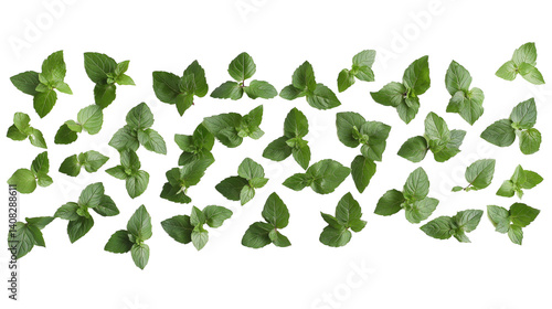 Fresh mint leaves arranged aesthetically, isolated on white background, top view PNG