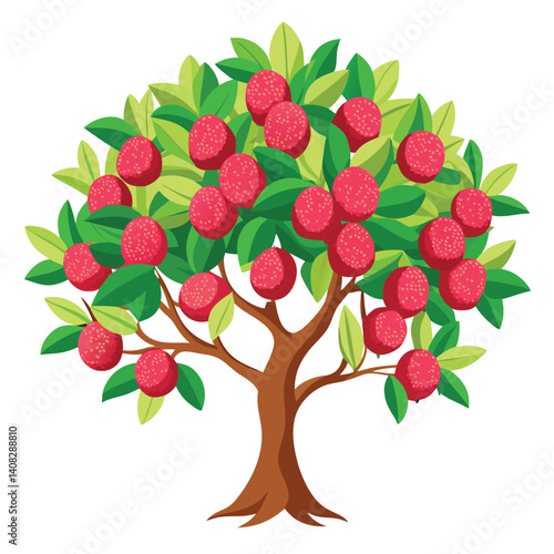 Big lychee tree with ripe red lychees on white background — lush green tropical fruit tree vector illustration with detailed leaves and hanging lychee clusters for nature or garden themes