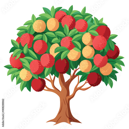 Big lychee tree with ripe red lychees on white background — lush green tropical fruit tree vector illustration with detailed leaves and hanging lychee clusters for nature or garden themes