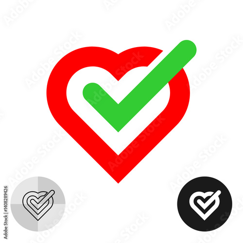 Heart check with green approve tick minimalistic geometric logo. Heart with check mark color icon.