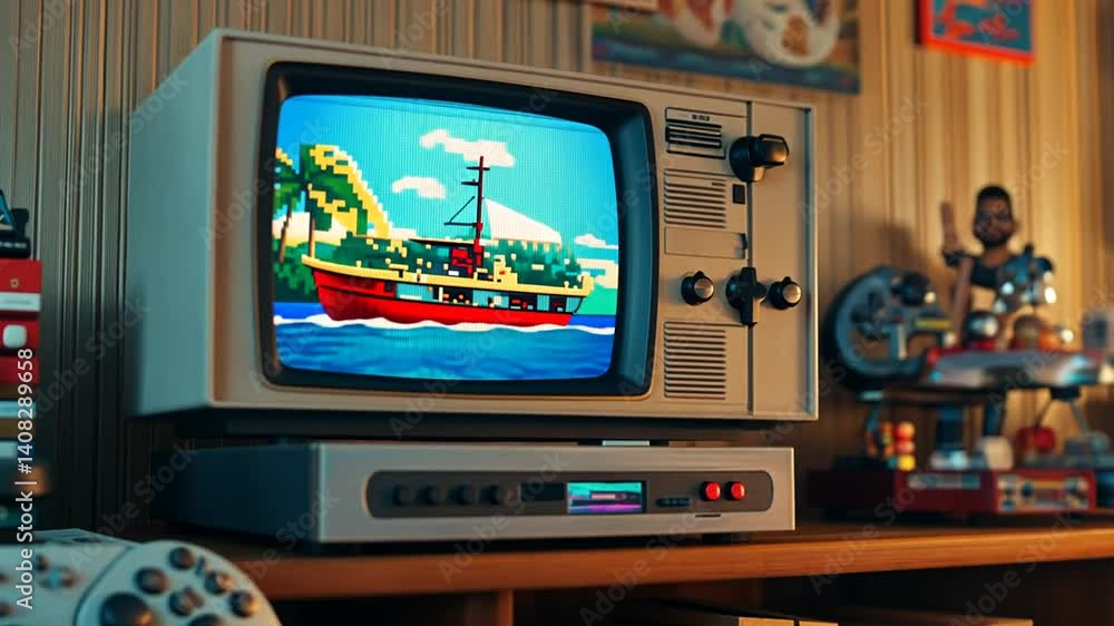 Nostalgic Retro Gaming Television Displaying Classic 8-Bit Pixelated Island Adventure Nostalgic Retro Gaming Television Displaying Classic 8-Bit Pixelated Island Adventure