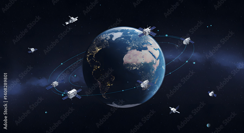 Obraz premium Earth surrounded by orbiting satellites in space. Global communication network. Technology and connectivity concept.