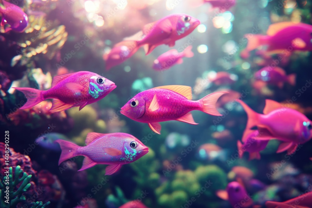 Naklejka premium Vibrant pink fish swim in a coral reef, sunlight illuminating the scene.