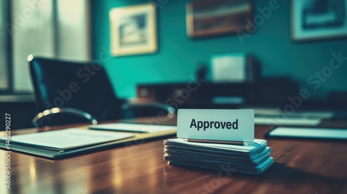 Wallpaper Mural close-up shot of a stack of papers on a wooden desk in an office, with a small white card displaying the word Approved Torontodigital.ca