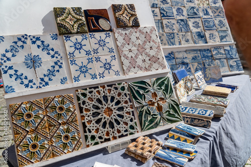 Azulejo sold at La Feira da Ladra, flea market in Campo de Santa Clara square in the Alfama neighborhood of Lisbon,Portugal
