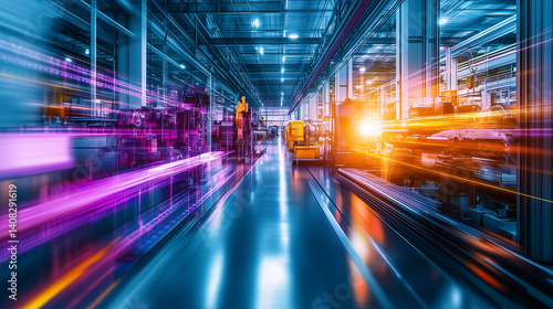Langgezogene Produktionshalle der Zukunft mit digitaler Lichtspur, futuristische Industrie in Querformat