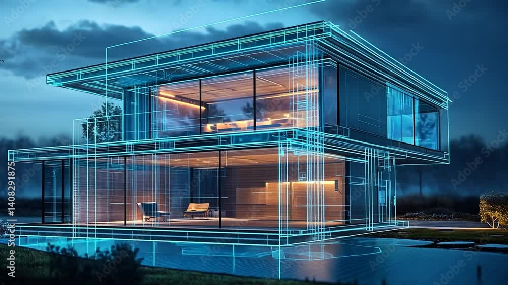 Architectural Visualization of a Modern House Design with Glowing Blue Wireframe Effect Architectural Visualization of a Modern House Design with Glowing Blue Wireframe Effect