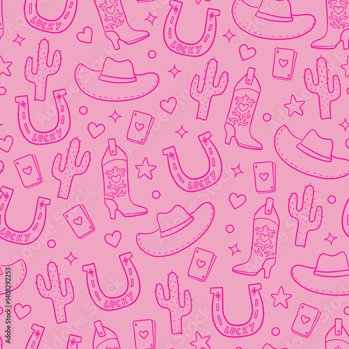 Cute Pink Cowgirl Seamless Pattern – Western Themed Design with Boots, Hats, and Stars for Girls' Fashion and Party Decor