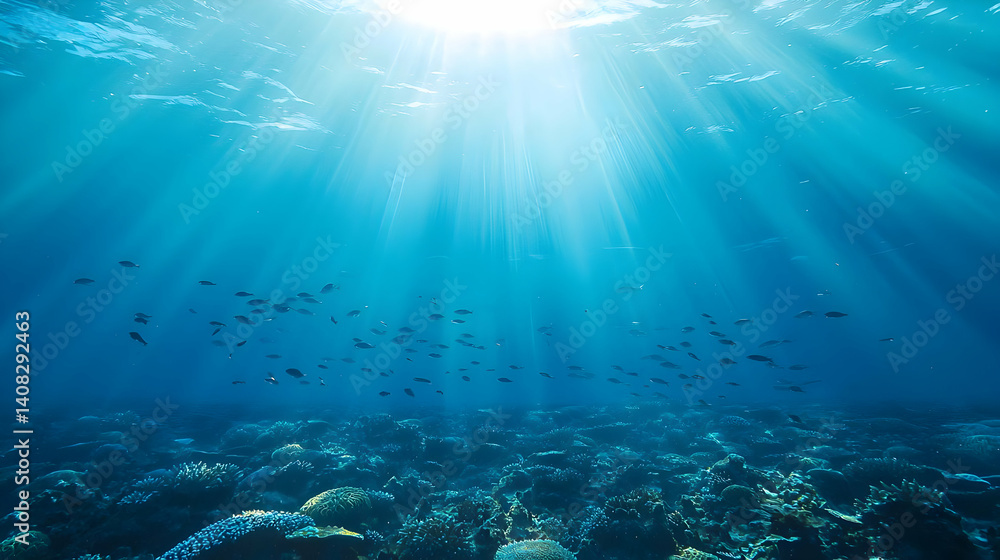 Sunlit Underwater Scene With School Of Fish Swimming Over Coral Reef In Deep Blue Ocean Sunlit Underwater Scene With School Of Fish Swimming Over Coral Reef In Deep Blue Ocean