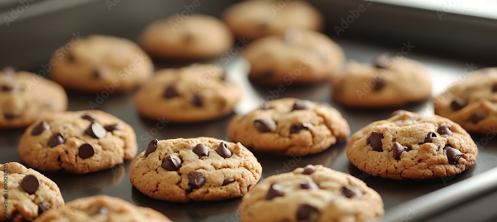 A tray of freshly baked peanut butter cookies with chocolate chips A tray of freshly baked peanut butter cookies with chocolate chips