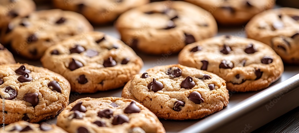 A tray of freshly baked peanut butter cookies with chocolate chips A tray of freshly baked peanut butter cookies with chocolate chips