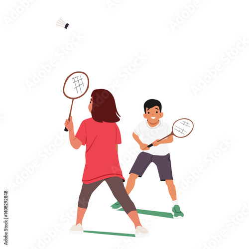 Cute children cartoon characters playing badminton holding rackets isolated on white background